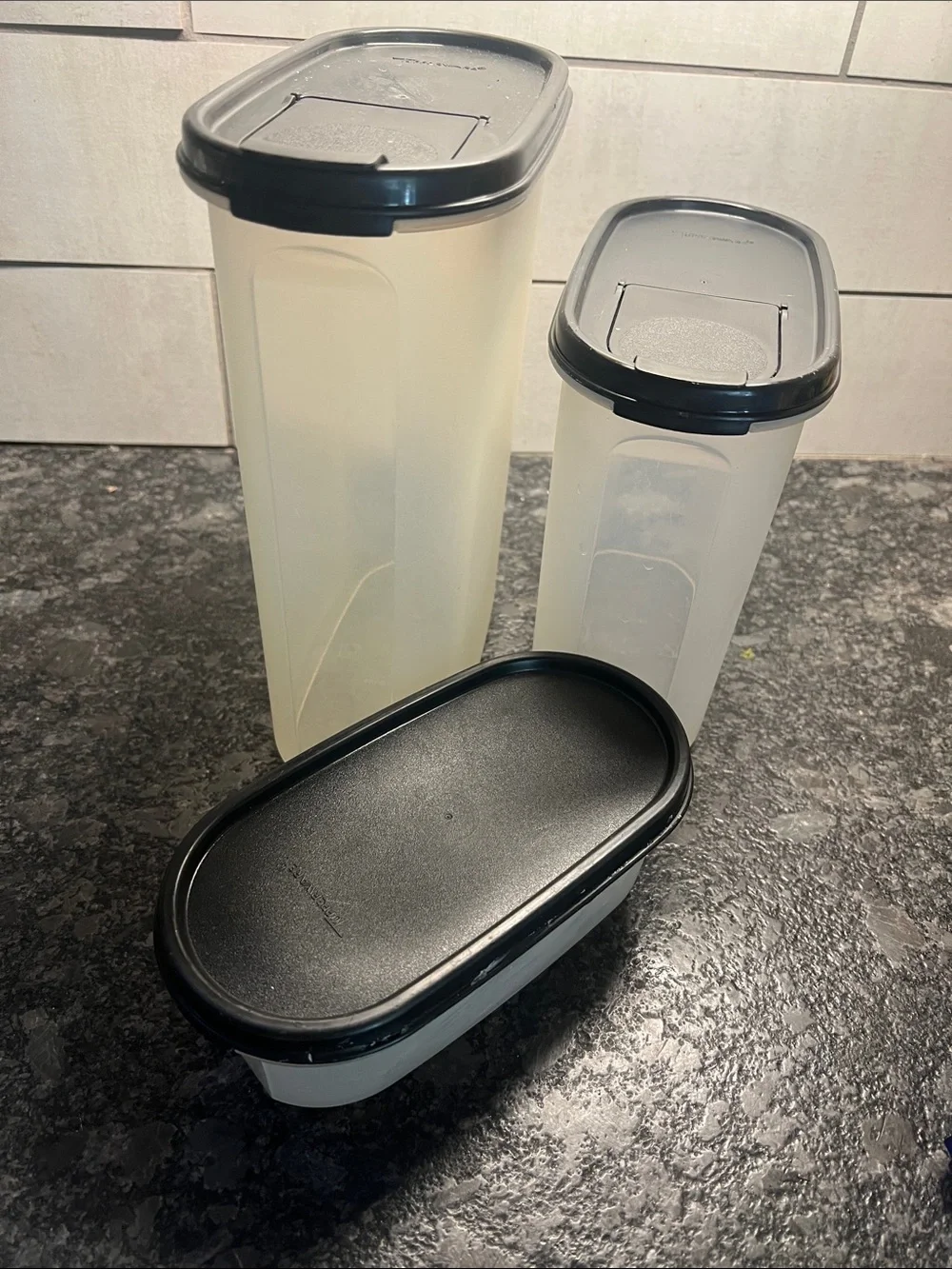 Set of 3 BLACK LID TUPPERWARE MODULAR MATES. Flip lids. Stacking. Pantry storage
